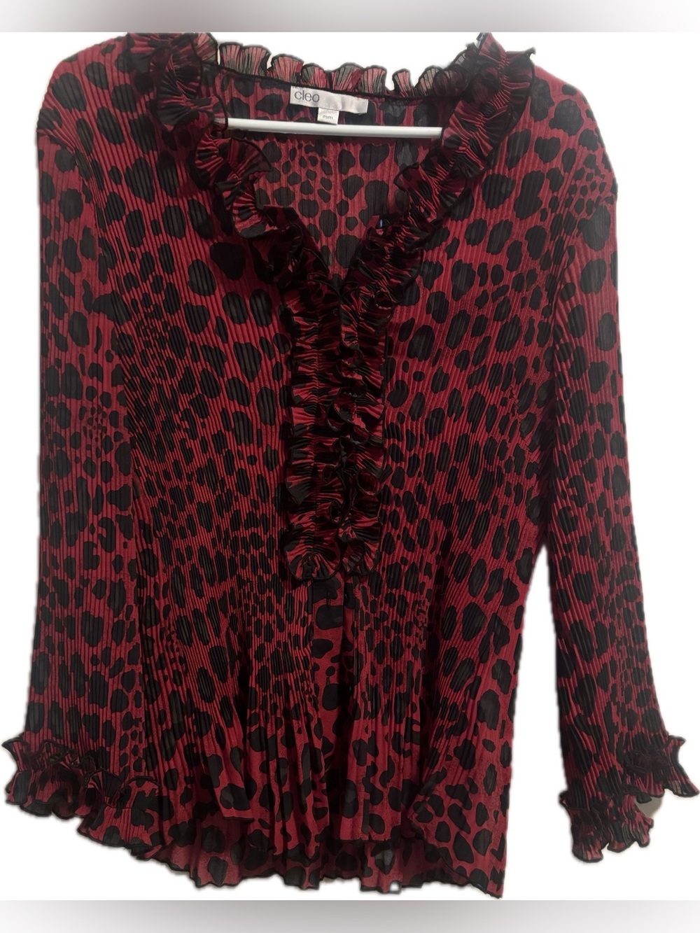 cleo Red and Black Ruffle V-Neck Animal Print Blouse
